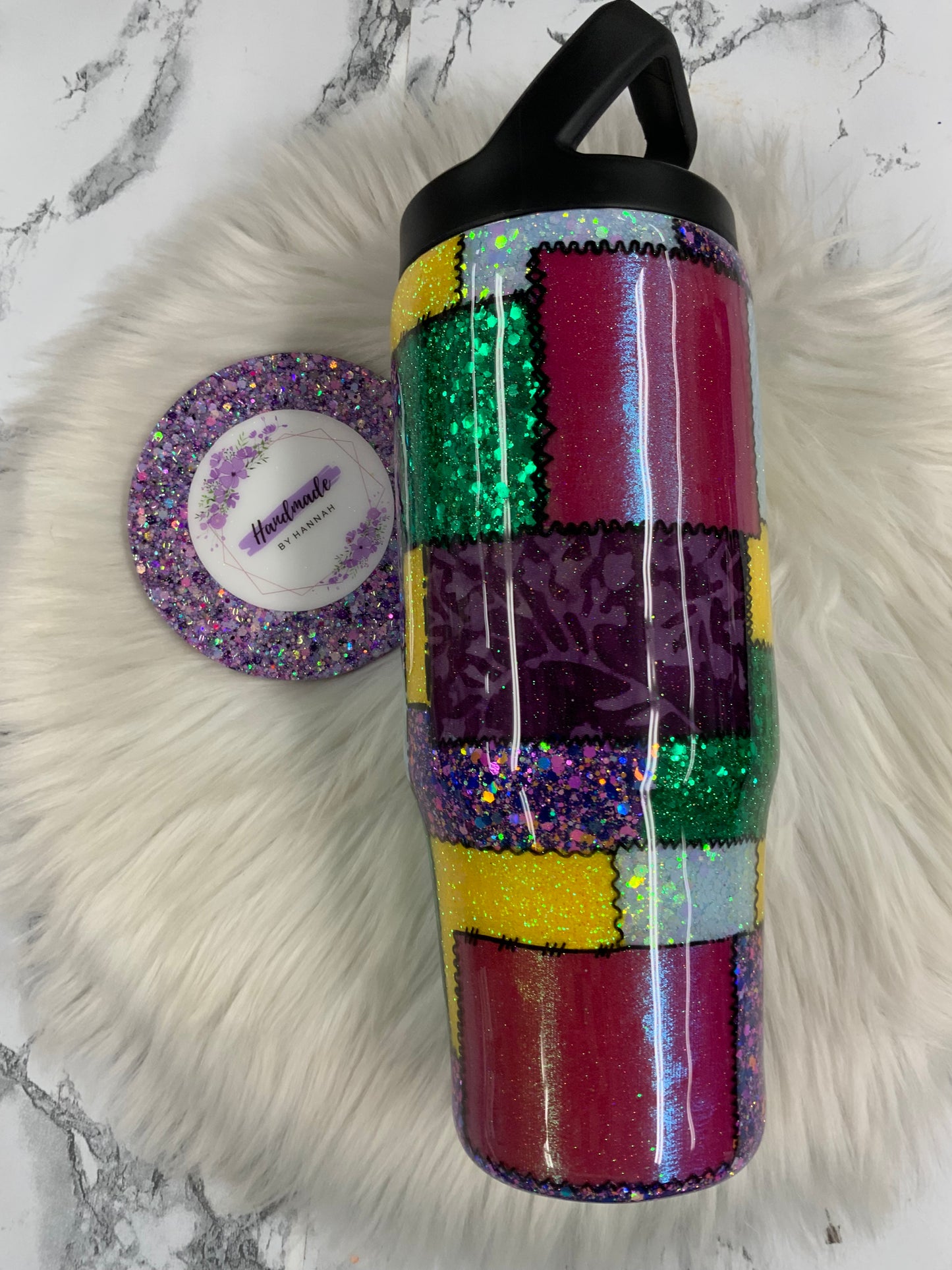 30oz Patchwork Tumbler- Screw On Hydrosport Lid and Internal Straw