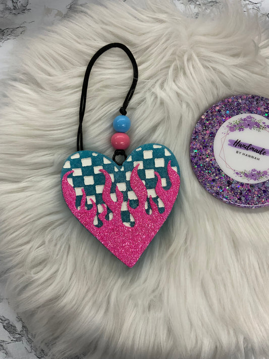 Checkered Flame Heart Car Freshie | Scent: Malibu Barbie