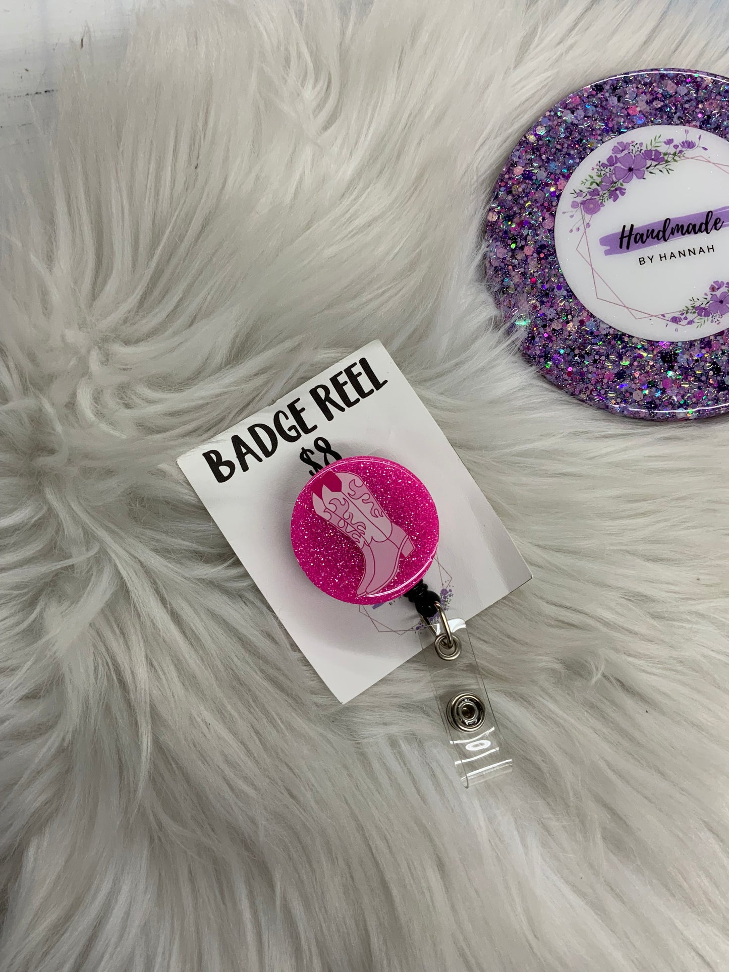 Pink/Boots Badge Reel