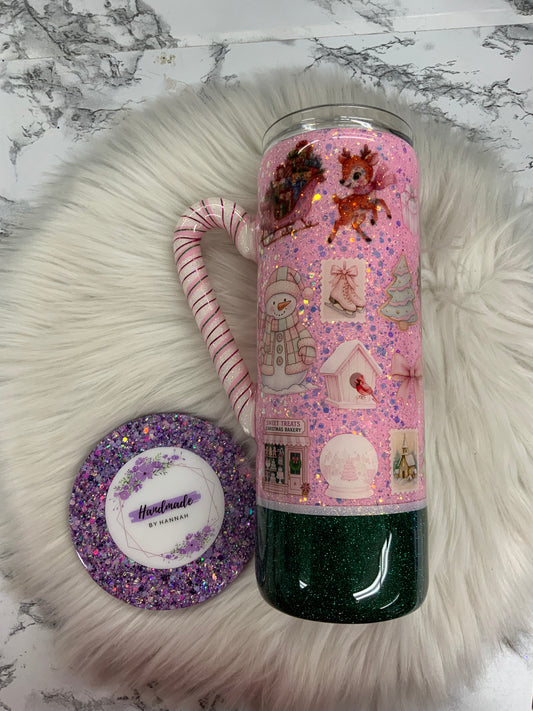 Pink Christmas 20oz Tumbler with Candy Cane Handle