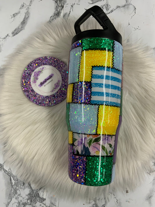 30oz Patchwork Tumbler- Screw On Hydrosport Lid and Internal Straw