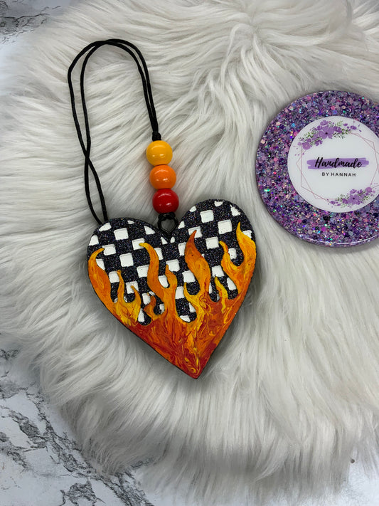 Checkered Flame Heart Car Freshie | Scent: Baccarat Red