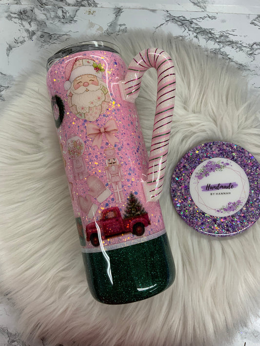 Pink Christmas 20oz Tumbler with Candy Cane Handle