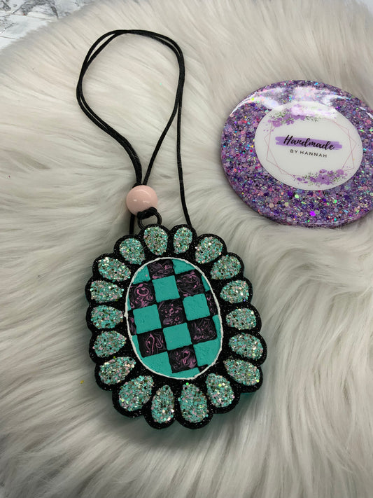 Checkered Turquoise Car Freshie | Scent: Snack Cake